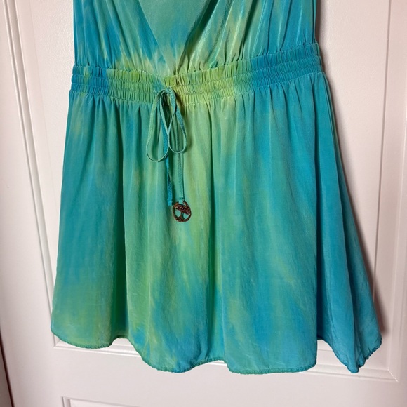 Gypsy 05 Turqoise/Green watercolor Strapless mini Dress charm on drawstring boho - Picture 3 of 11